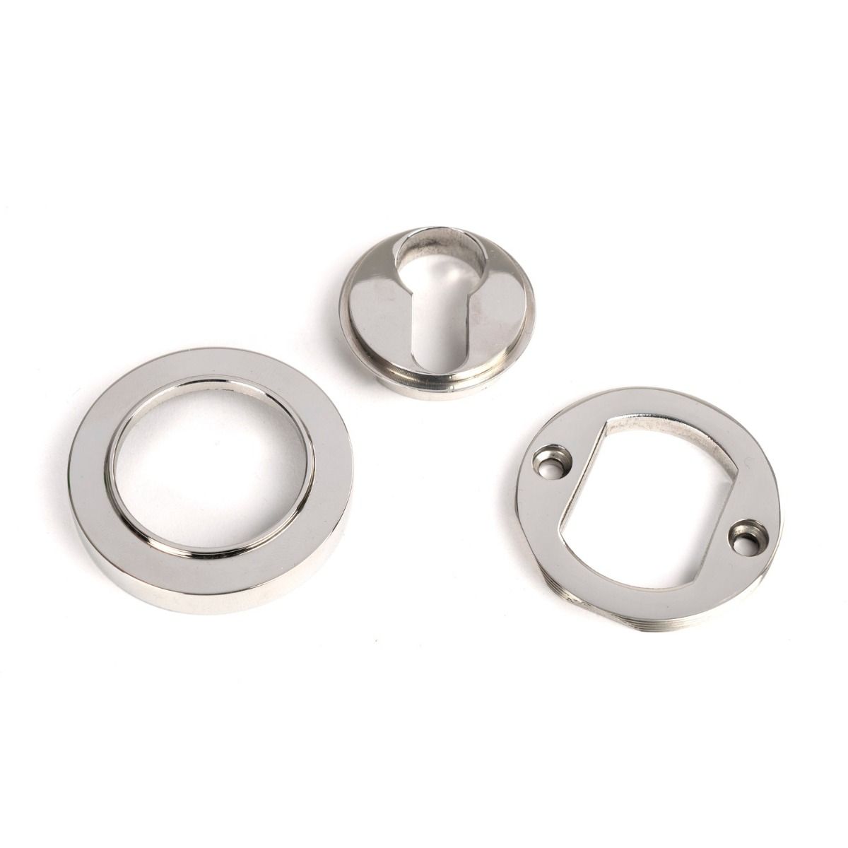 The Round Concealed Euro Keyhole Escutcheon in Polished Stainless Steel Shown with all Components on a White Background