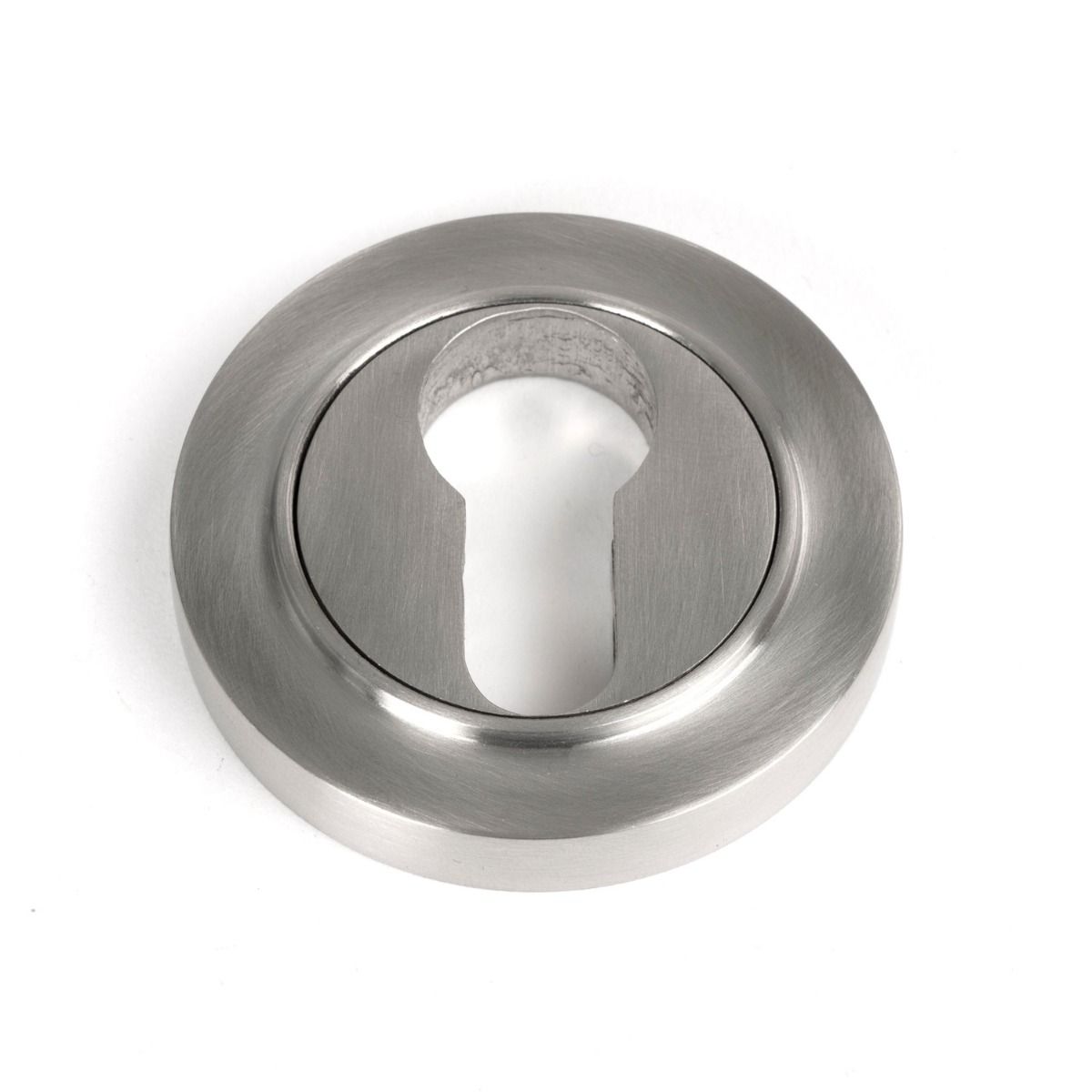 The Round Concealed Euro Keyhole Escutcheon in Satin Stainless Steel Shown on a White Background