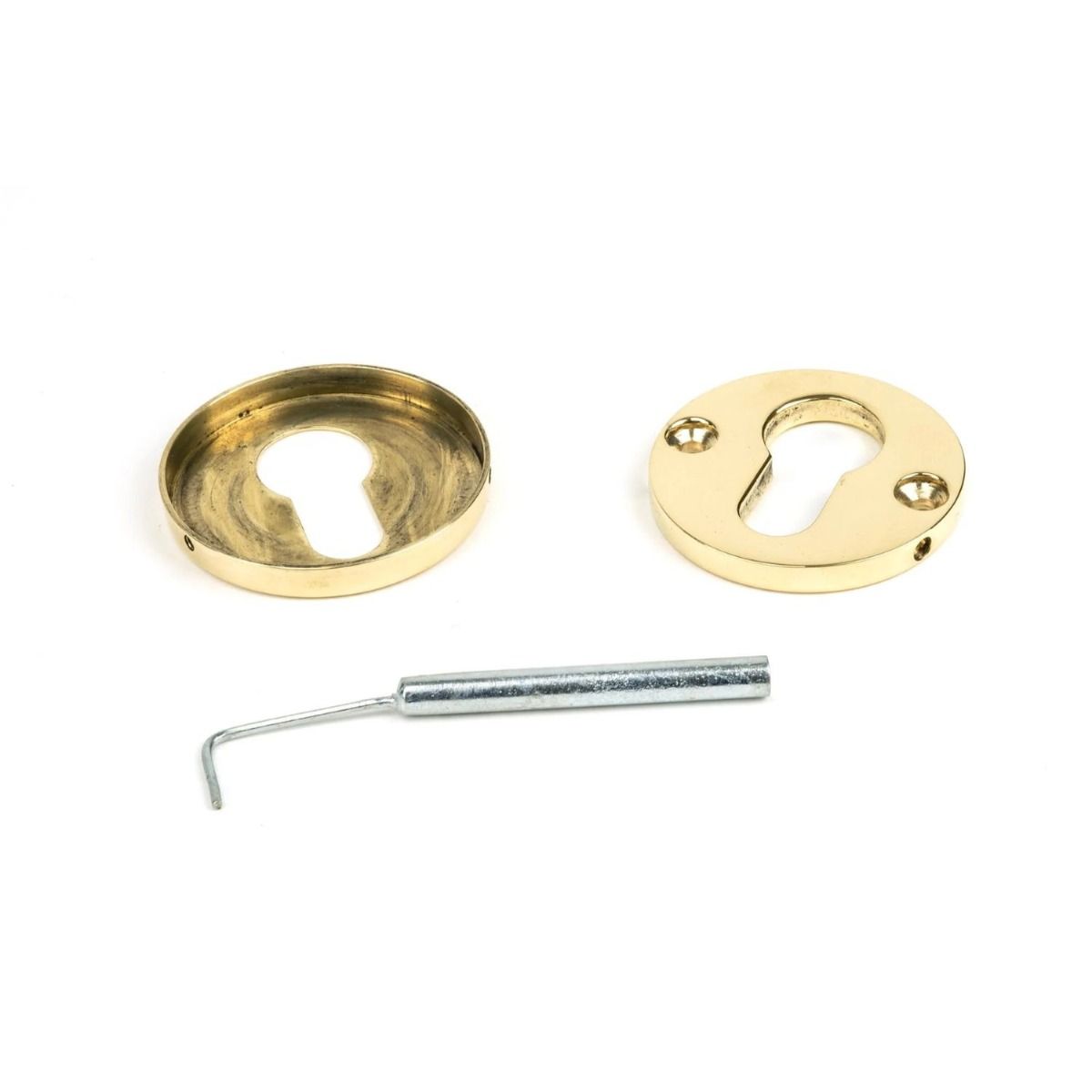 The Round Concealed Euro Profile Escutcheon - Aged Brass on a White Background Showing the Front and the Back 