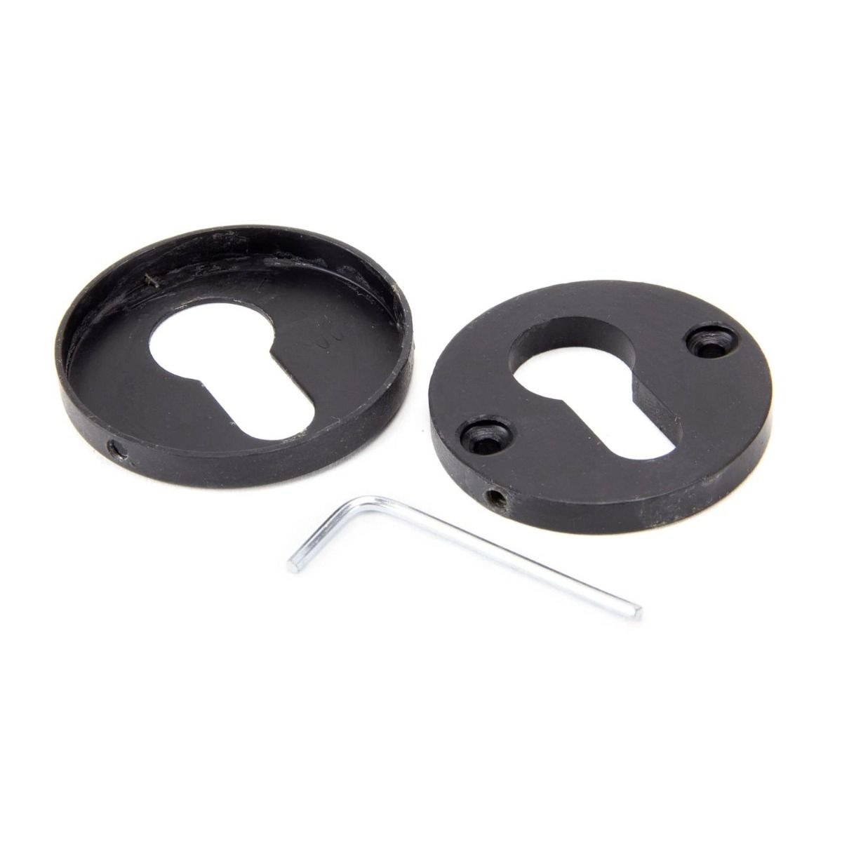 The Round Concealed Euro Profile Escutcheon - Beeswax on a White Background Showing the Front and the Back 