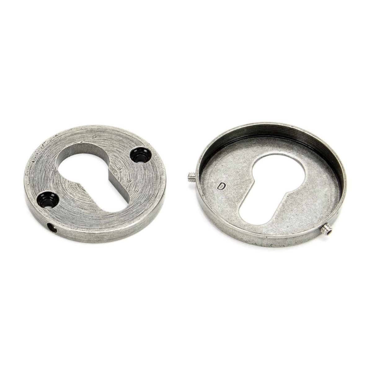The Round Concealed Euro Profile Escutcheon - Pewter on a White Background Showing the Front and the Back 