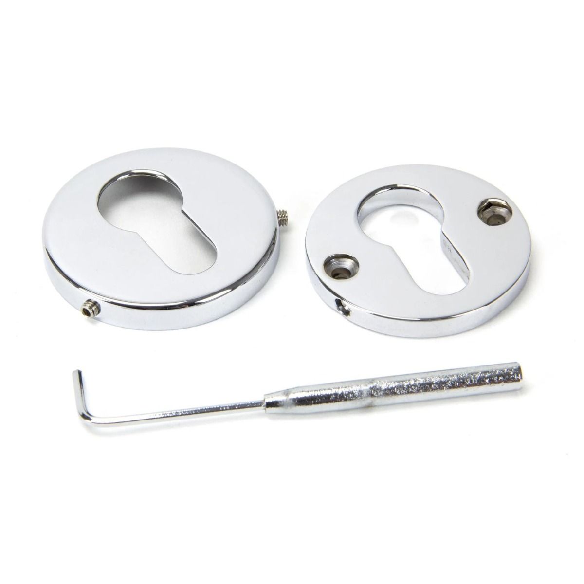 Round Concealed Euro Profile Escutcheon - Polished Chrome on a White Background Showing the Front and the Back 