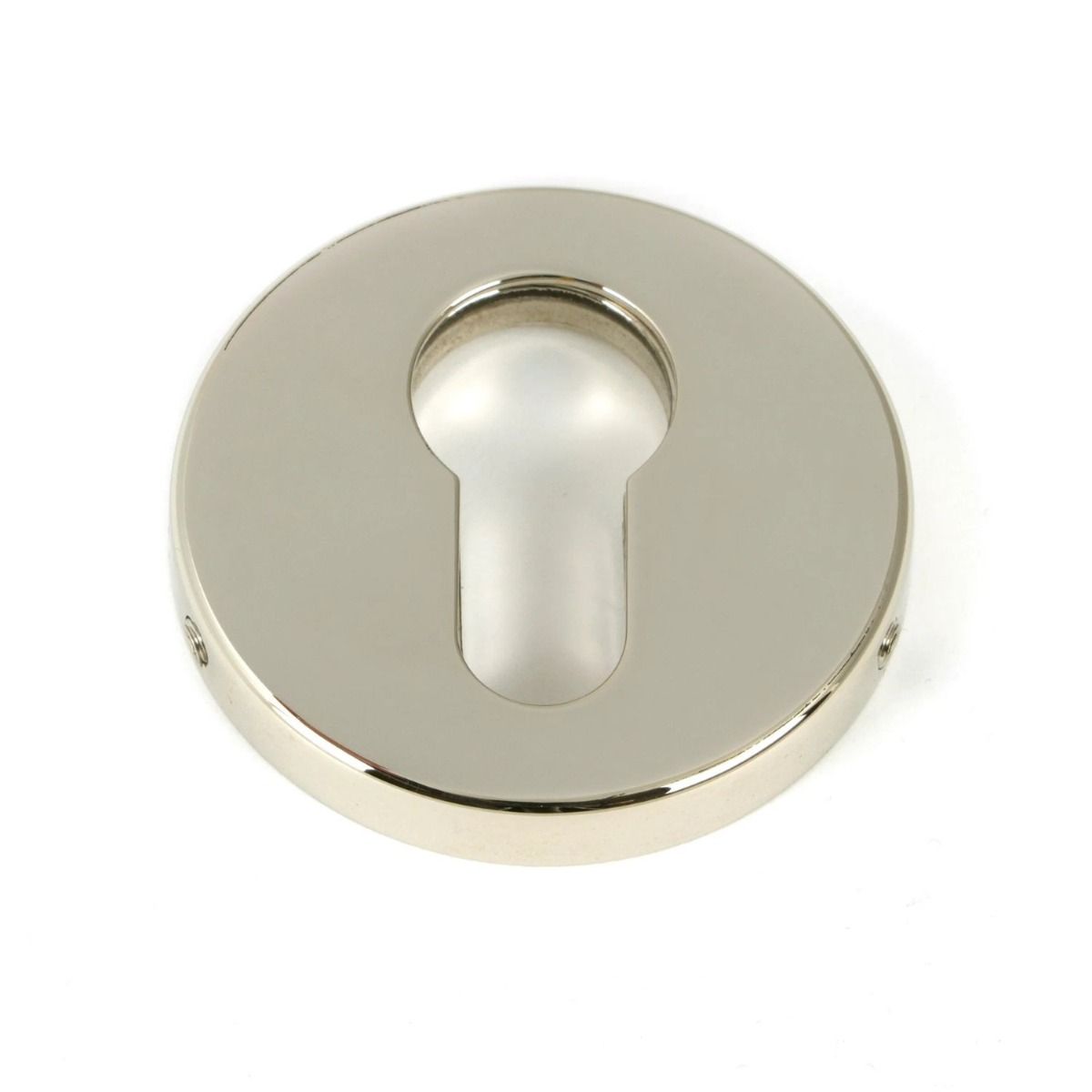 The Round Concealed Euro Profile Escutcheon - Polished Nickel on a White Background 