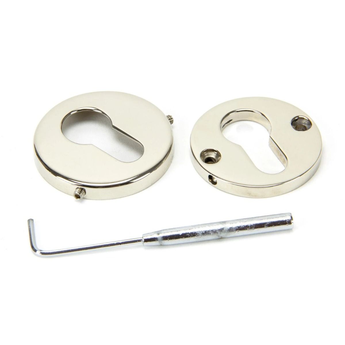 Round Concealed Euro Profile Escutcheon - Polished Nickel on a White Background Showing the Front and the Back 