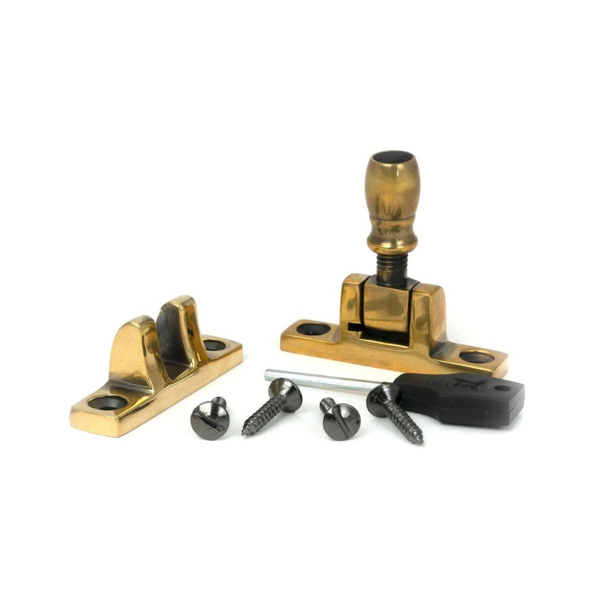 The Rounded Brighton Sash Square Window Fastener - Aged Brass with Components 