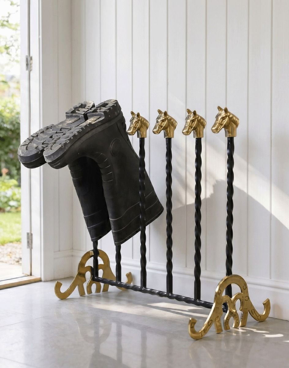The Royal Ascot Welly Rack Placed on a Stone Tile Cottage Entranceway - Digital Illustration