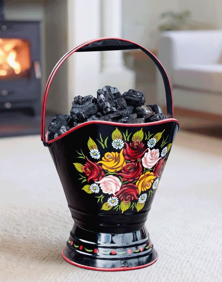 The “Royal Avon Canal” Black Narrowboat Hand Painted Coal Scuttle in a Contemporary Living Room with a Log Burner - Digital Illustration