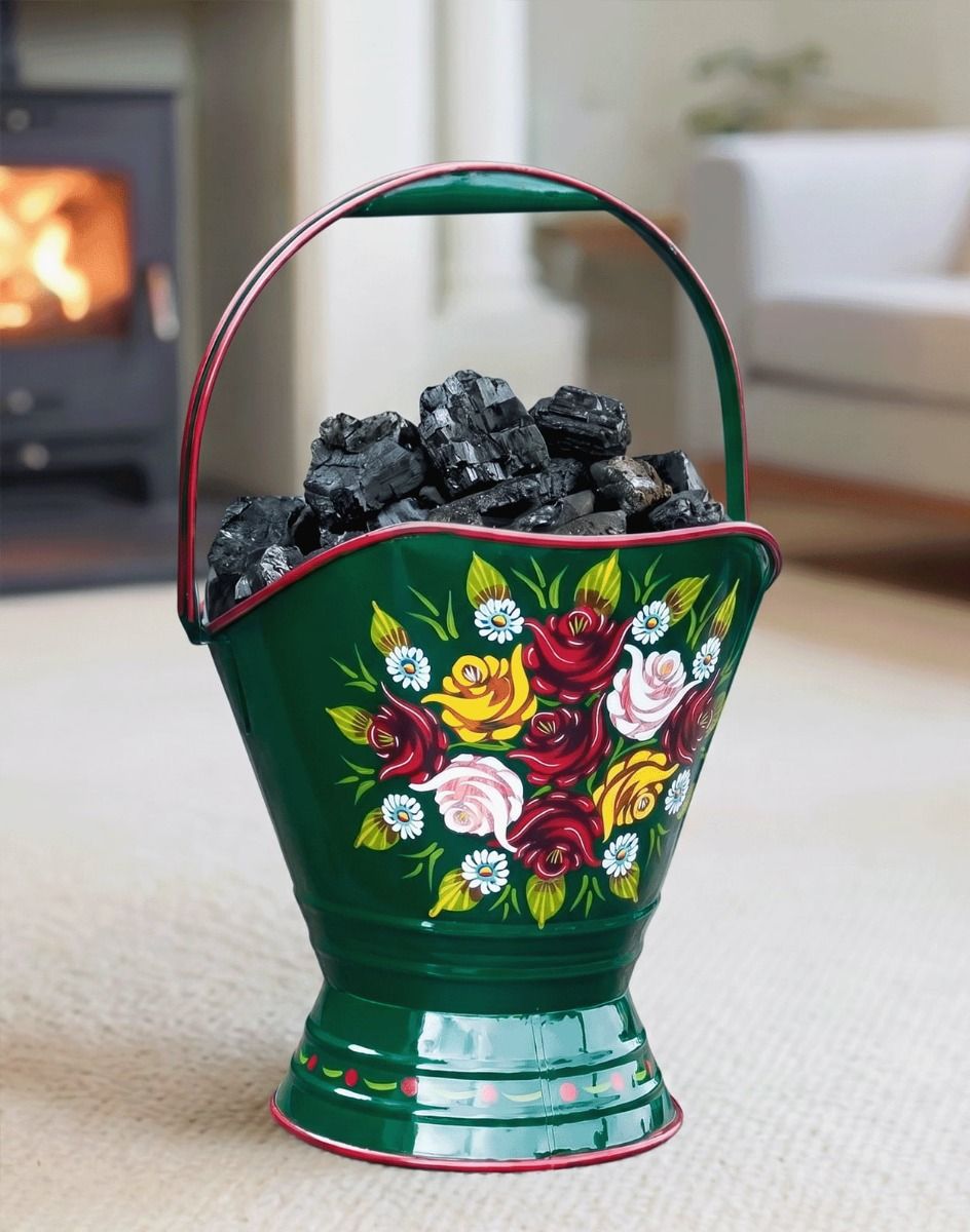 The “Royal Avon Canal” Green Narrowboat Hand Painted Coal Scuttle in Front of a LIt Fire Place in a Modern Livingroom - Digital Illustration