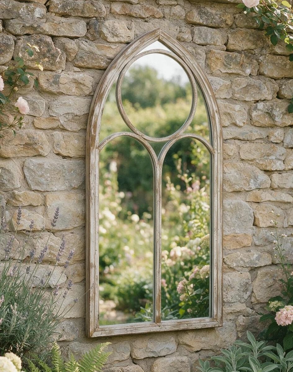 The Rustic Arched Wall Mirror on a Traditional Stone Wall in a Flowery Garden - Digital Illustration 