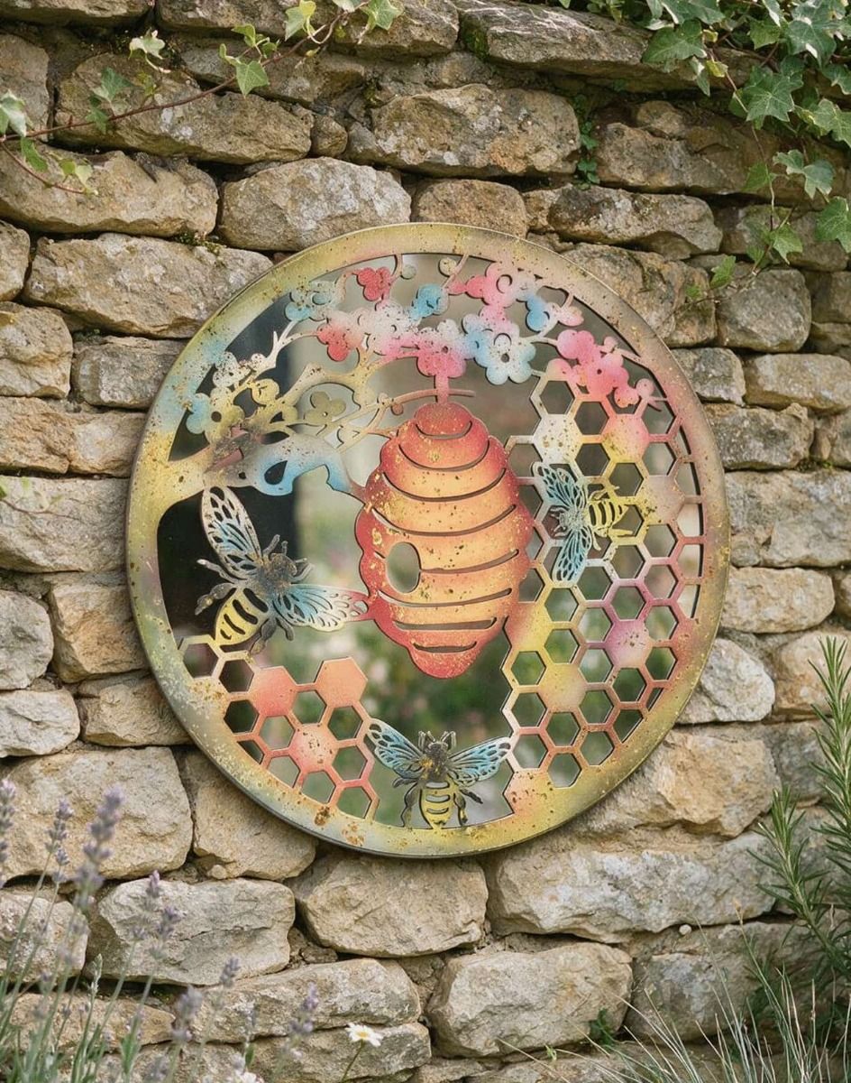 The Rustic Bee Hive Mirrored Garden Wall Art next to Some Plants on an Outdoor Garden Wall - Digital Illustration