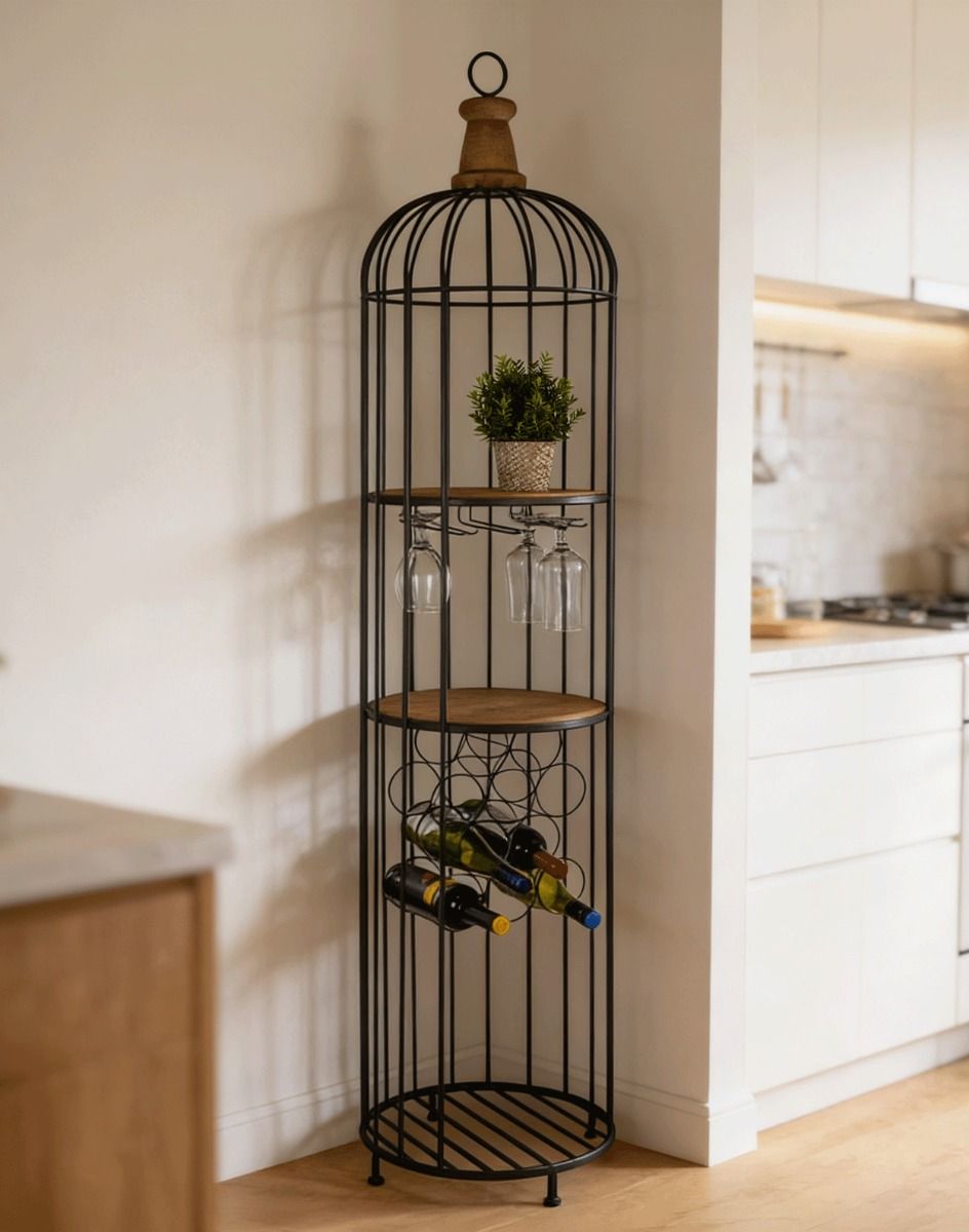 The Rustic Bird Cage Shelving Wine Rack Unit placed in the Corner of. Living Room with Wine Bottles and Glasses - Digital Illustration 