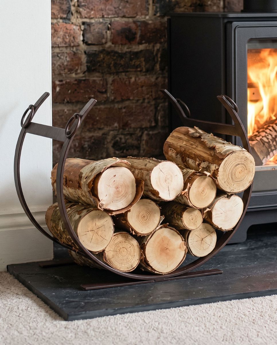 The Rustic Blacksmith Curved Log Rack on a Fireplace Hearth next to a Log Burner in a Country Home - Digital Illustration