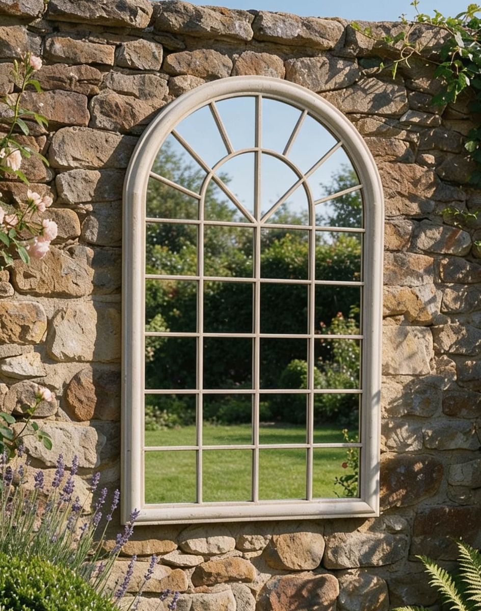 The Rustic Cream Arched Garden Mirror Mounted on a Garden Wall in a Summer Garden - Digital Illustration 