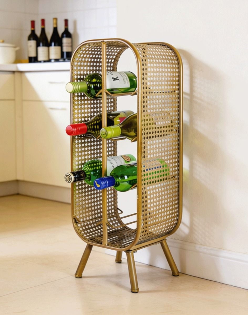 The Rustic Metal Rattan Wine Bottle Rack Displayed in a Contemporary Kitchen with Wine Bottles - Digital Illustration