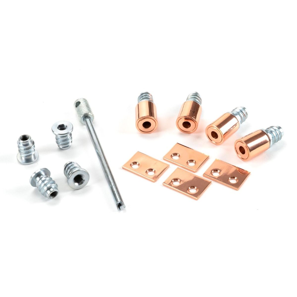 The Sash Window Lockable Security Stops (Pack of 4) in Polished Bronze with all components on a White Background 