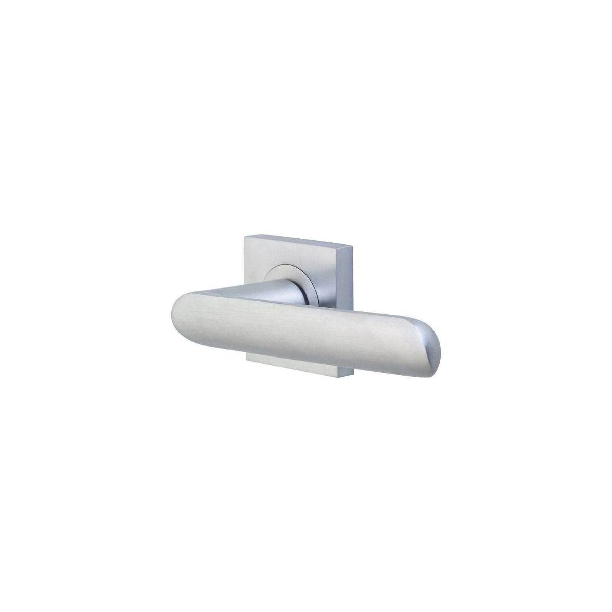 The Satin and Polished Chrome Square Rose Door Handles - Curved Lever Pair on a White Background