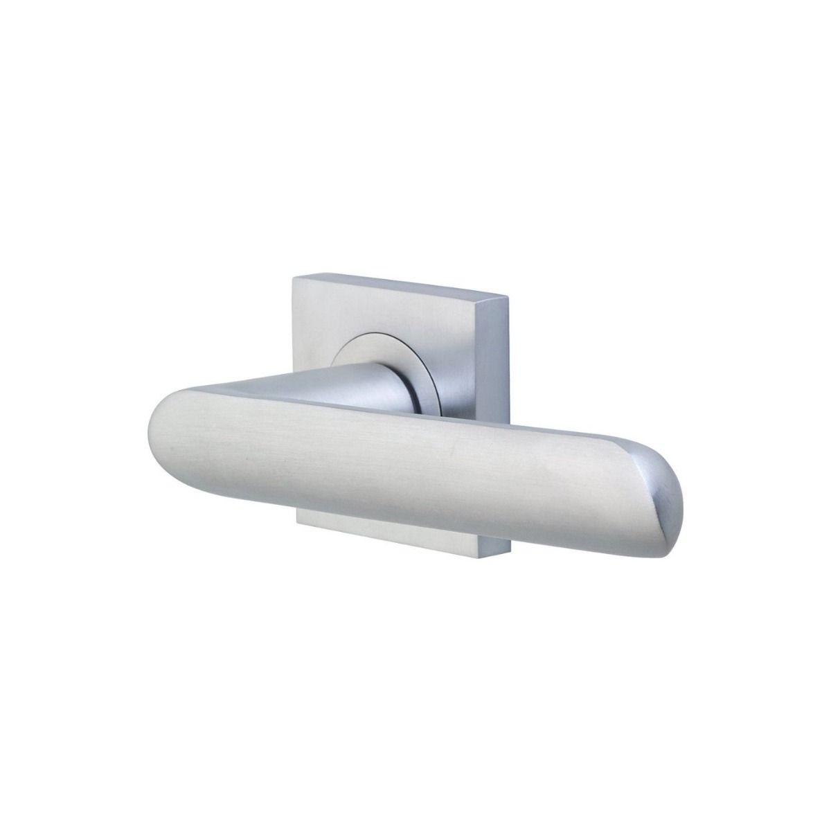 The Satin and Polished Chrome Square Rose Door Handles - Curved Lever Pair on a White Background 