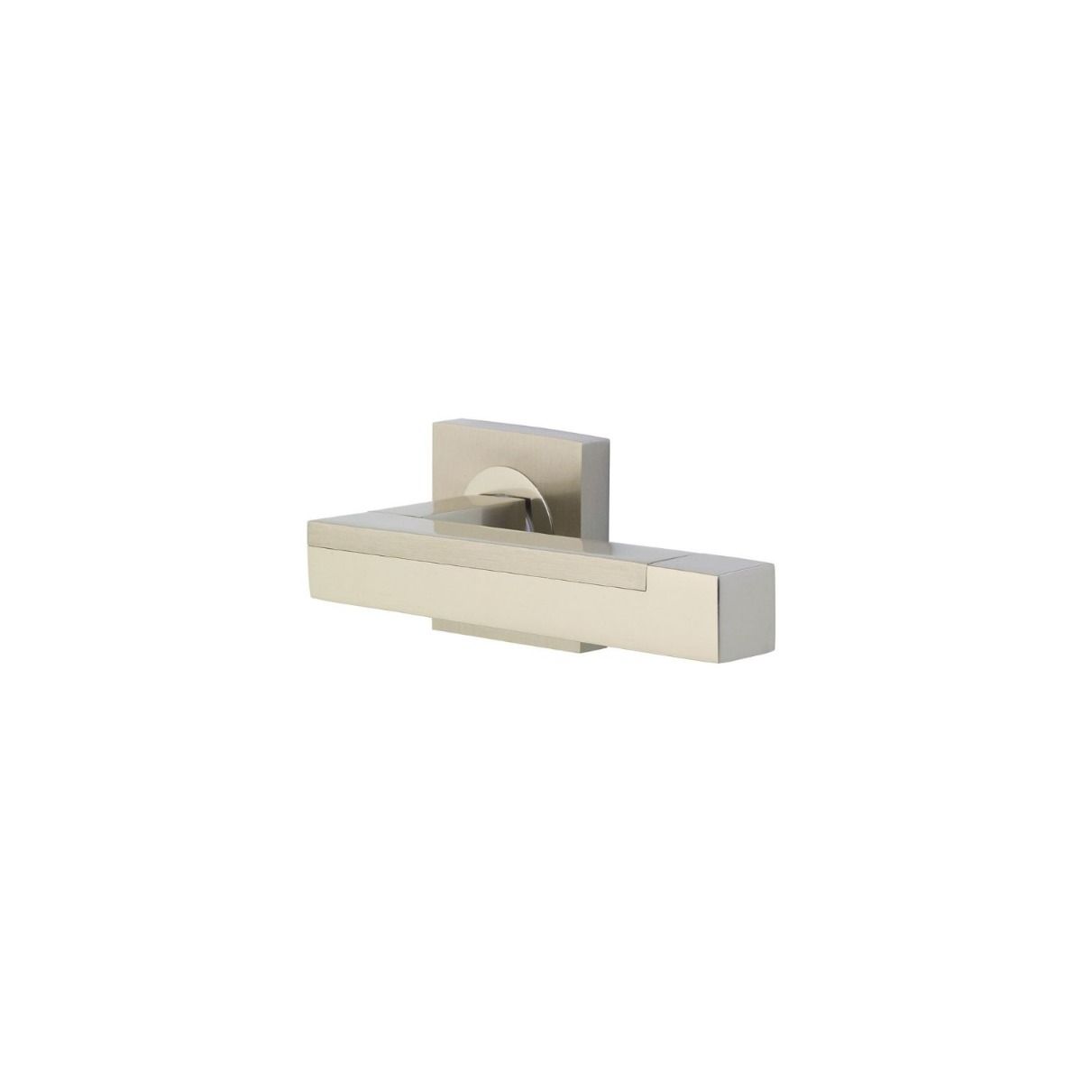 The Satin and Polished Nickel Square Rose Door Handles - Modern Lever Pair on a White Background