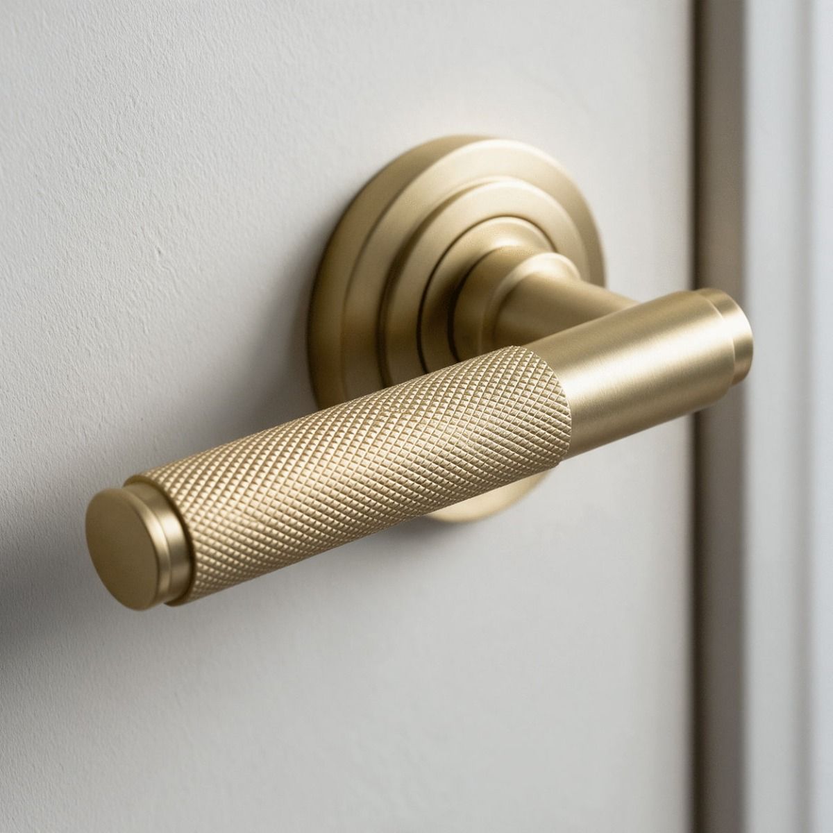 The Satin Brass "Royale" Unsprung Art-Deco Door Handle on Rose Set Shown Fitted on a Grey Door in a Modern Home - Digital Illustration