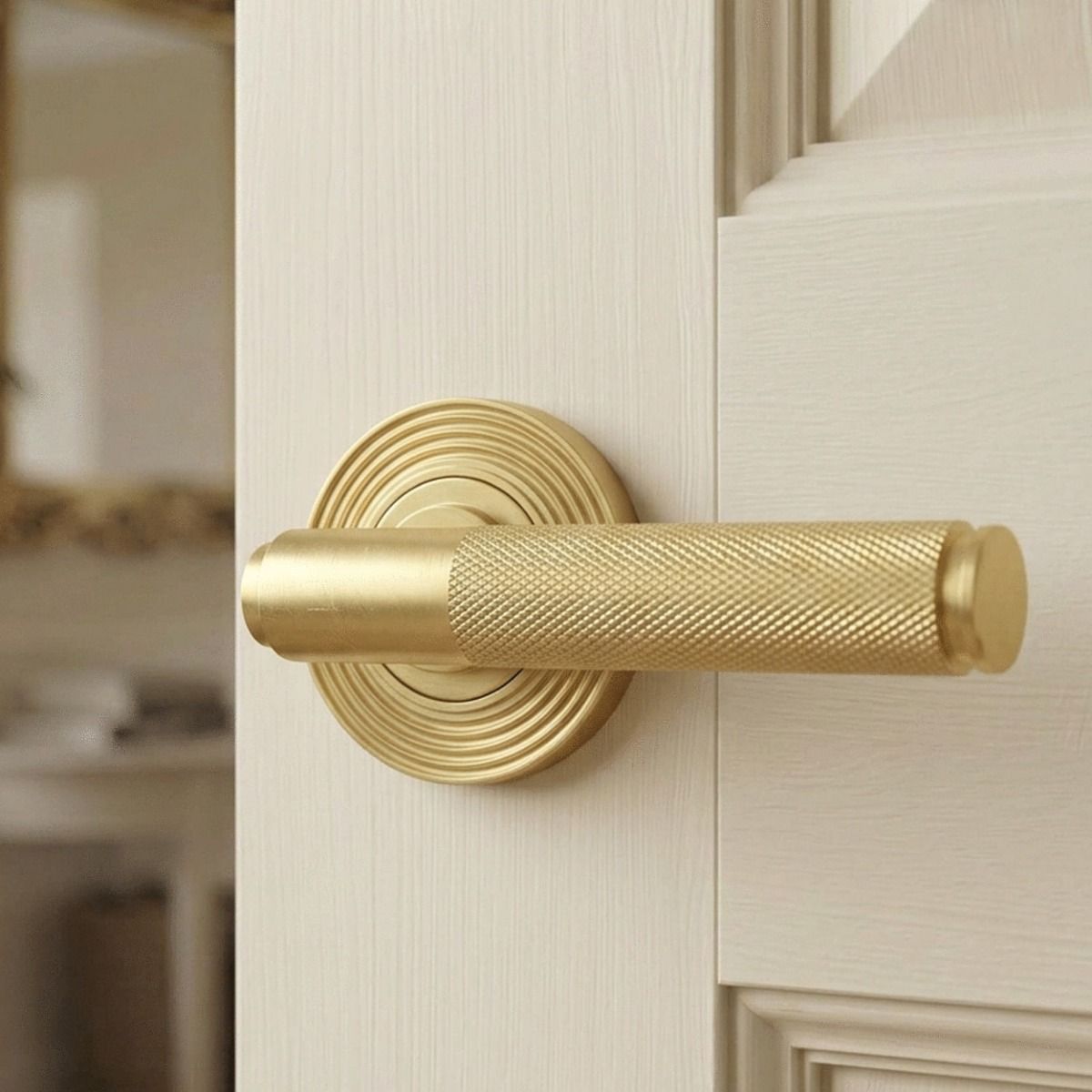 The Satin Brass "Royale" Unsprung Beehive Door Handle on Rose Set Shown up Close on a White Door in a Modern Home - Digital Illustration