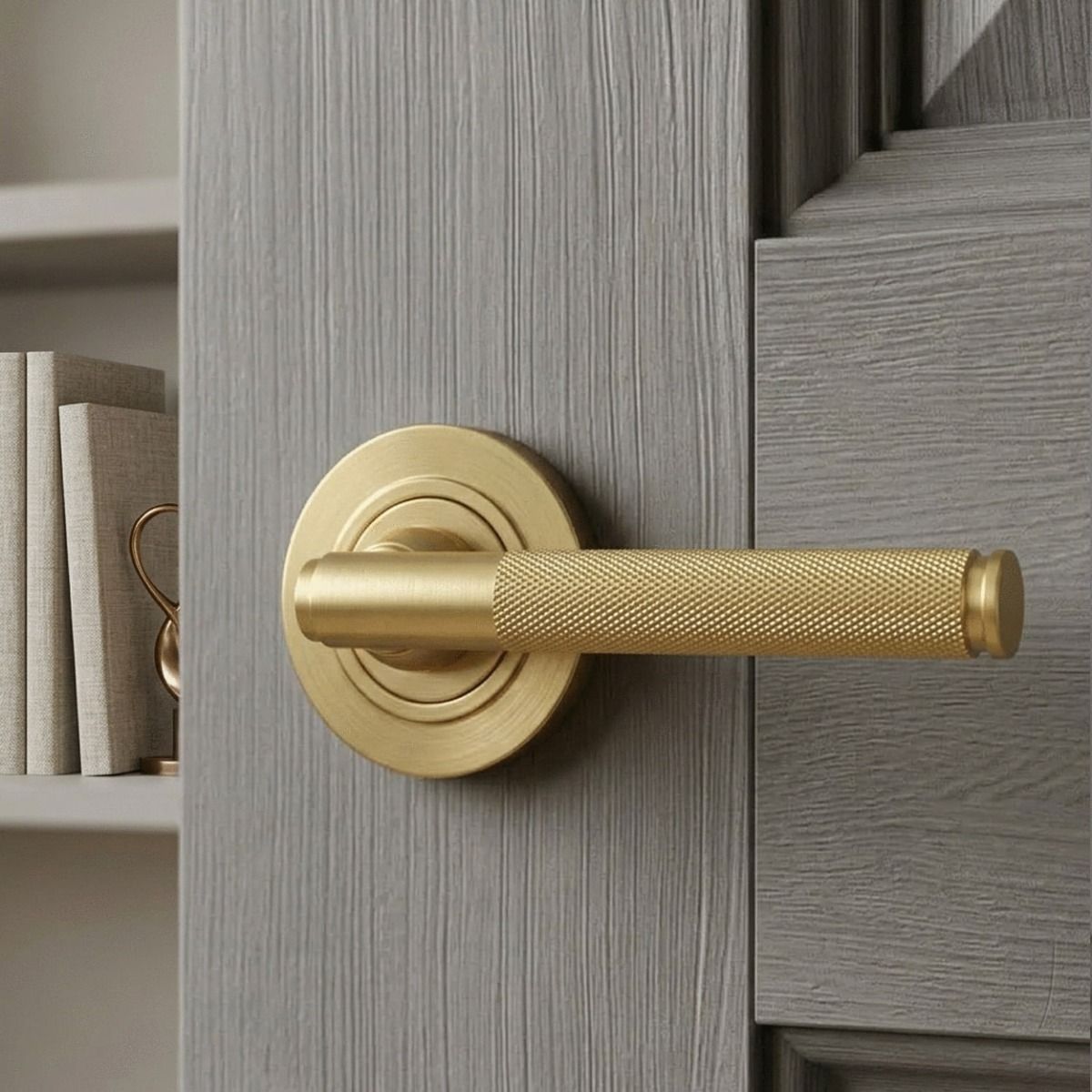 The Satin Brass "Royale" Unsprung Door Handle on Rose Set on a Grey Door in a Cosy Modern Home Interior - Digital Illustration 
