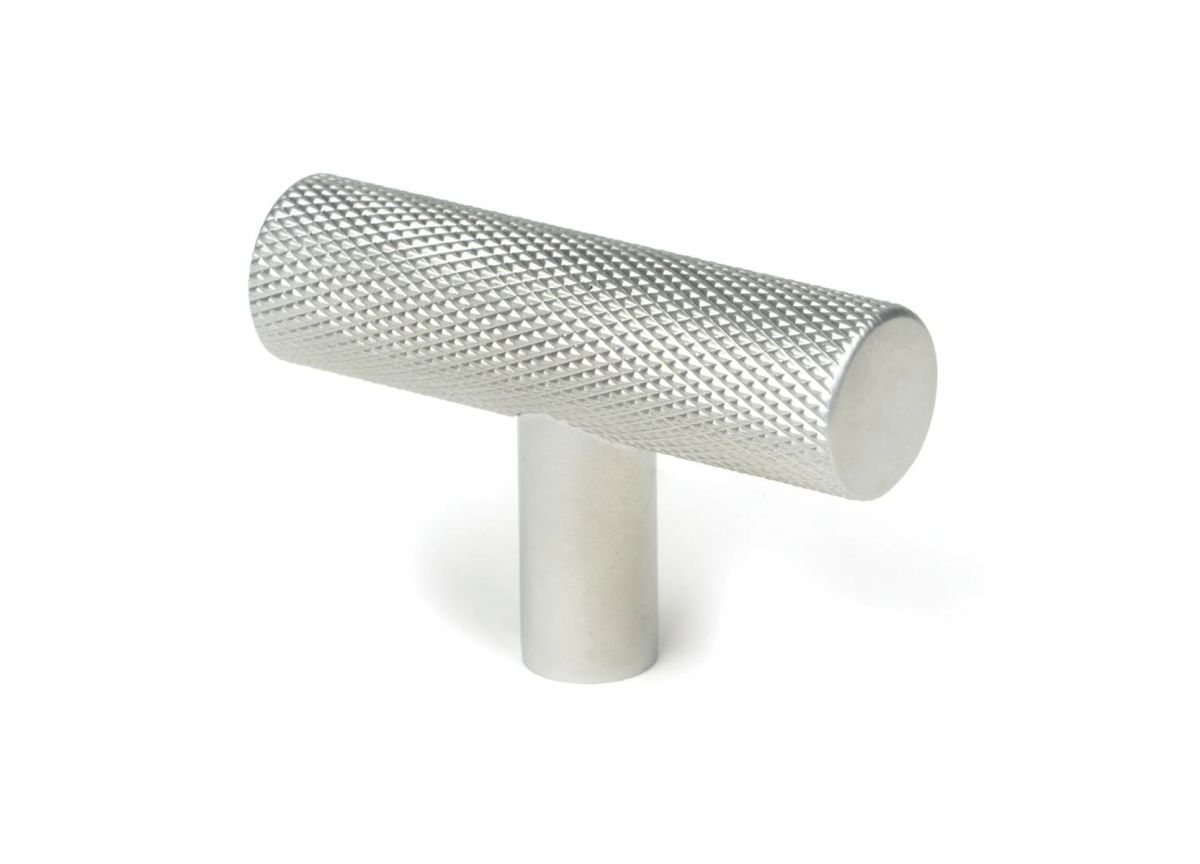 The Satin Chrome "Astor" Knurled Industrial T-Bar Cabinet Fitting Displayed on a White Background Shown at an Angle 