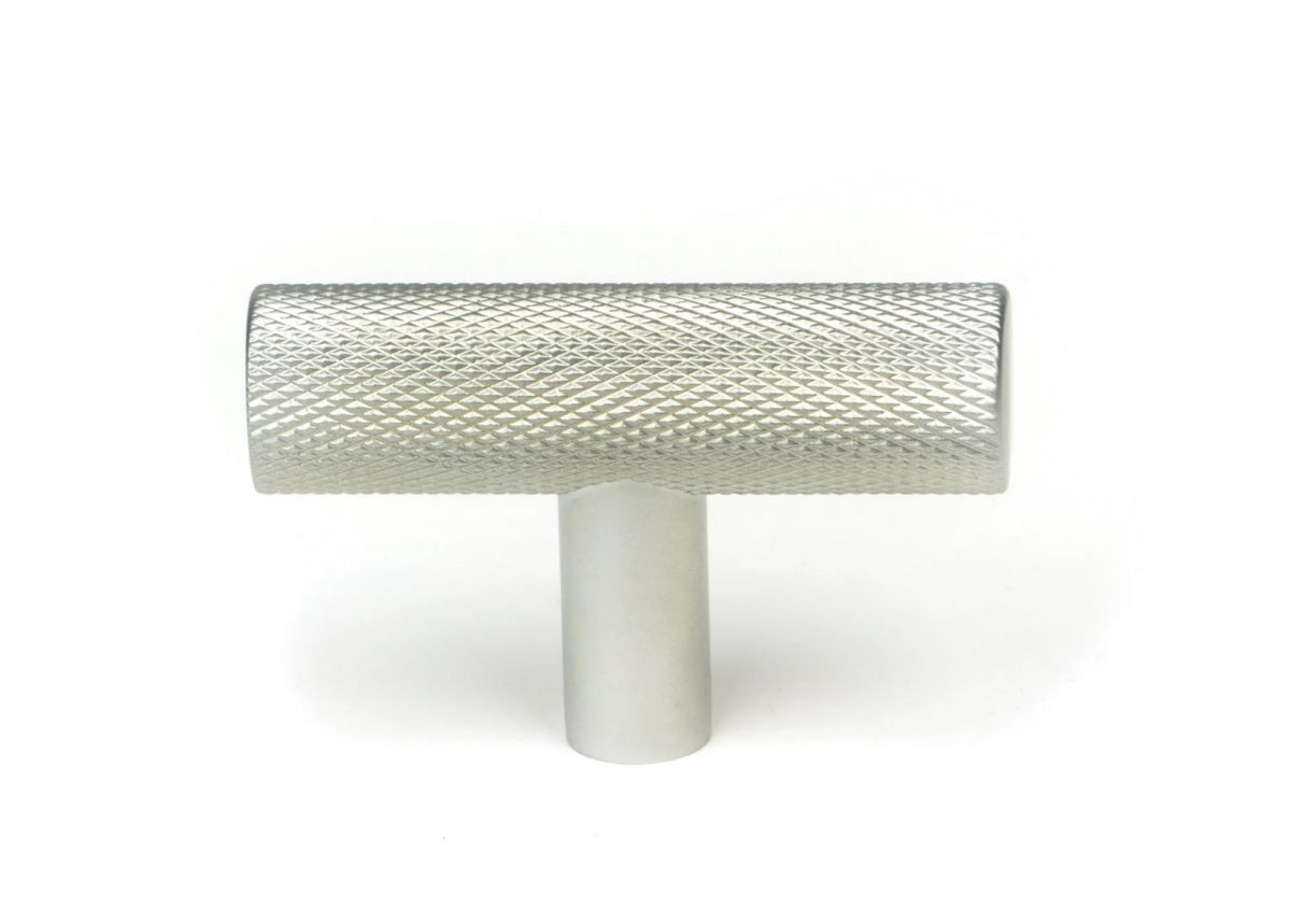 The Satin Chrome "Astor" Knurled Industrial T-Bar Cabinet Fitting Displayed on a White Background Shown Front on