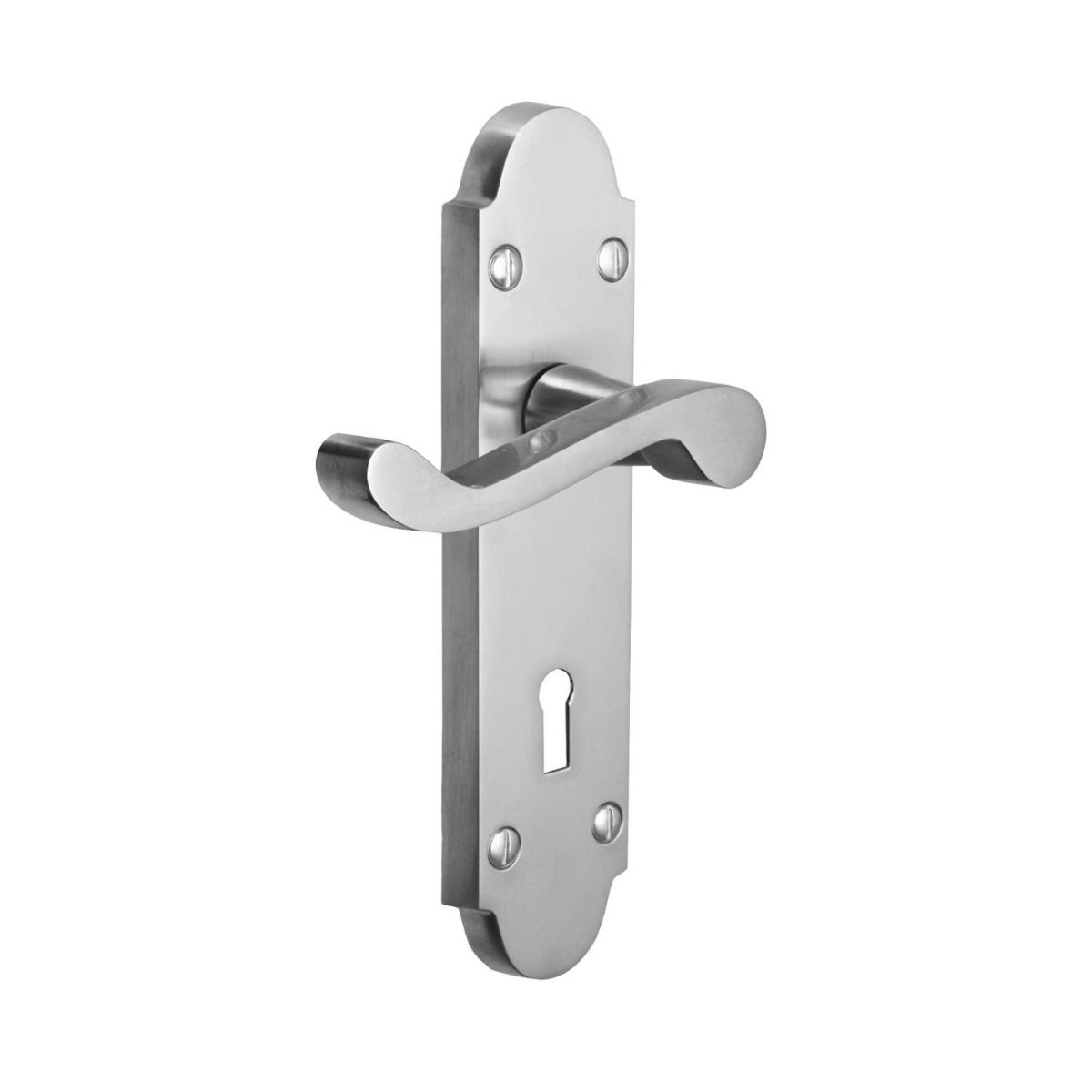 The Satin Chrome Arched Backplate Lock Handles - Victorian Scroll Keyhole Lever Pair on a White Background