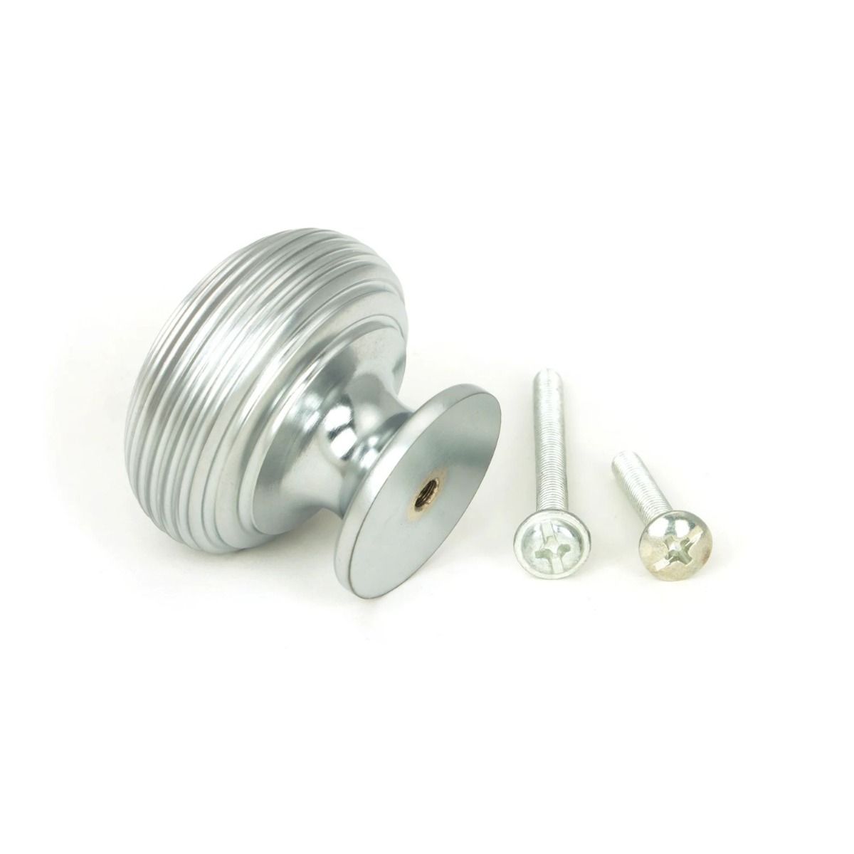 The Satin Chrome 40mm Traditional Beehive Cabinet Knob with Bolt Fittings on a White Background 