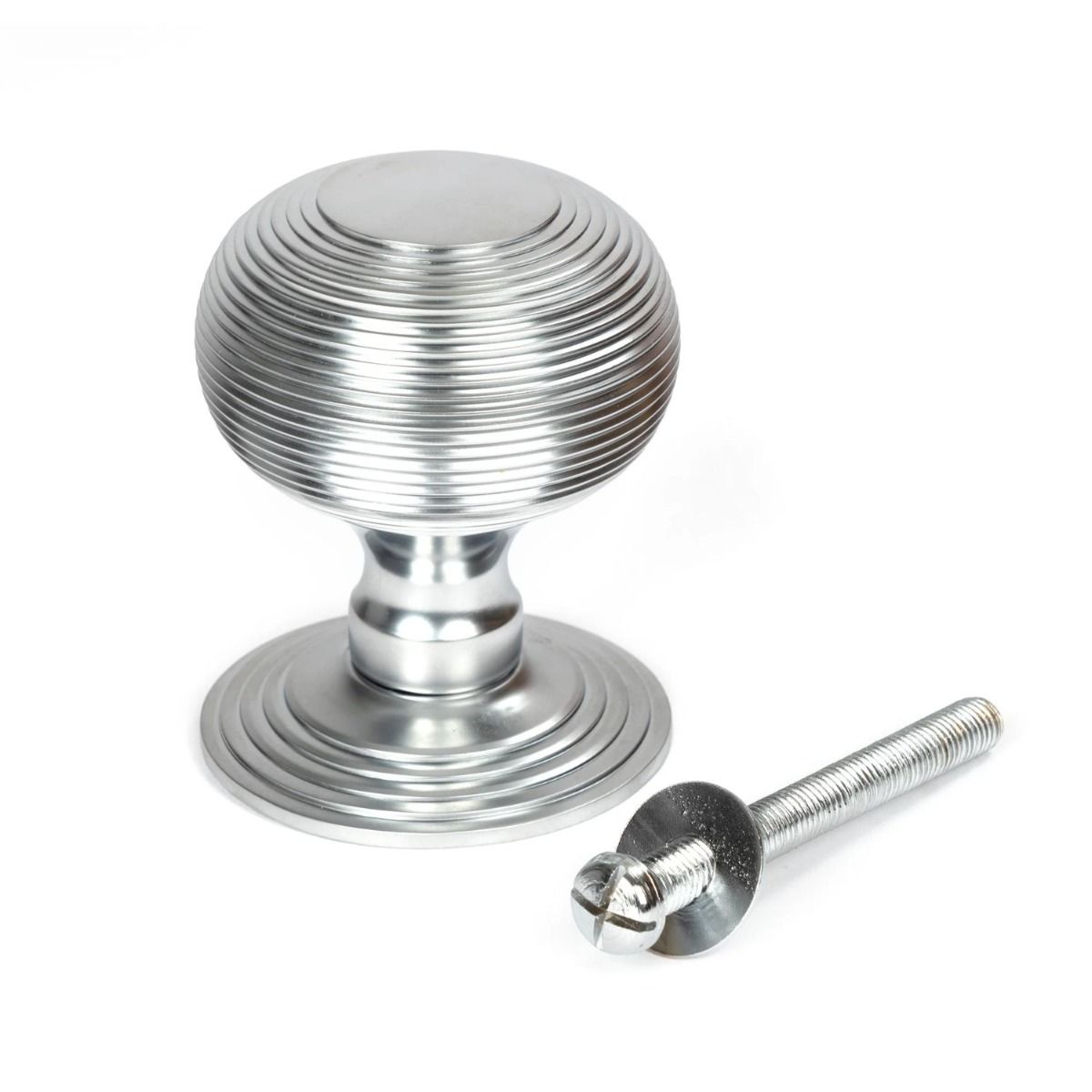 The Satin Chrome Traditional Beehive Centre Door Knob Shown Upright with Bolt