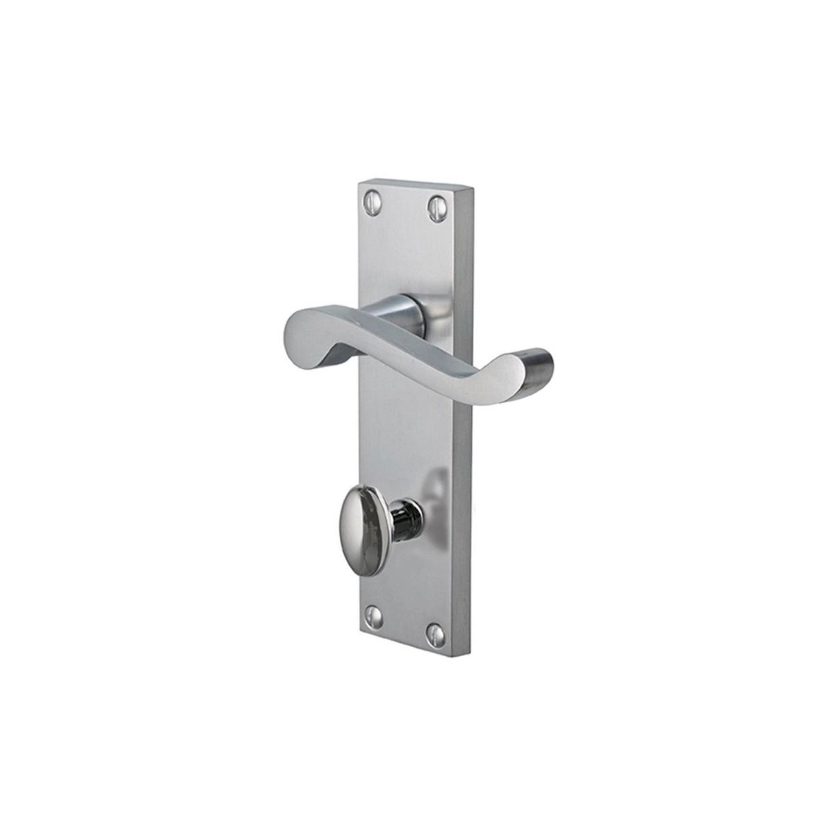 The Satin Chrome Victorian Scroll Bathroom Door Handles - 150mm Lever Lock Pair on a white Background 