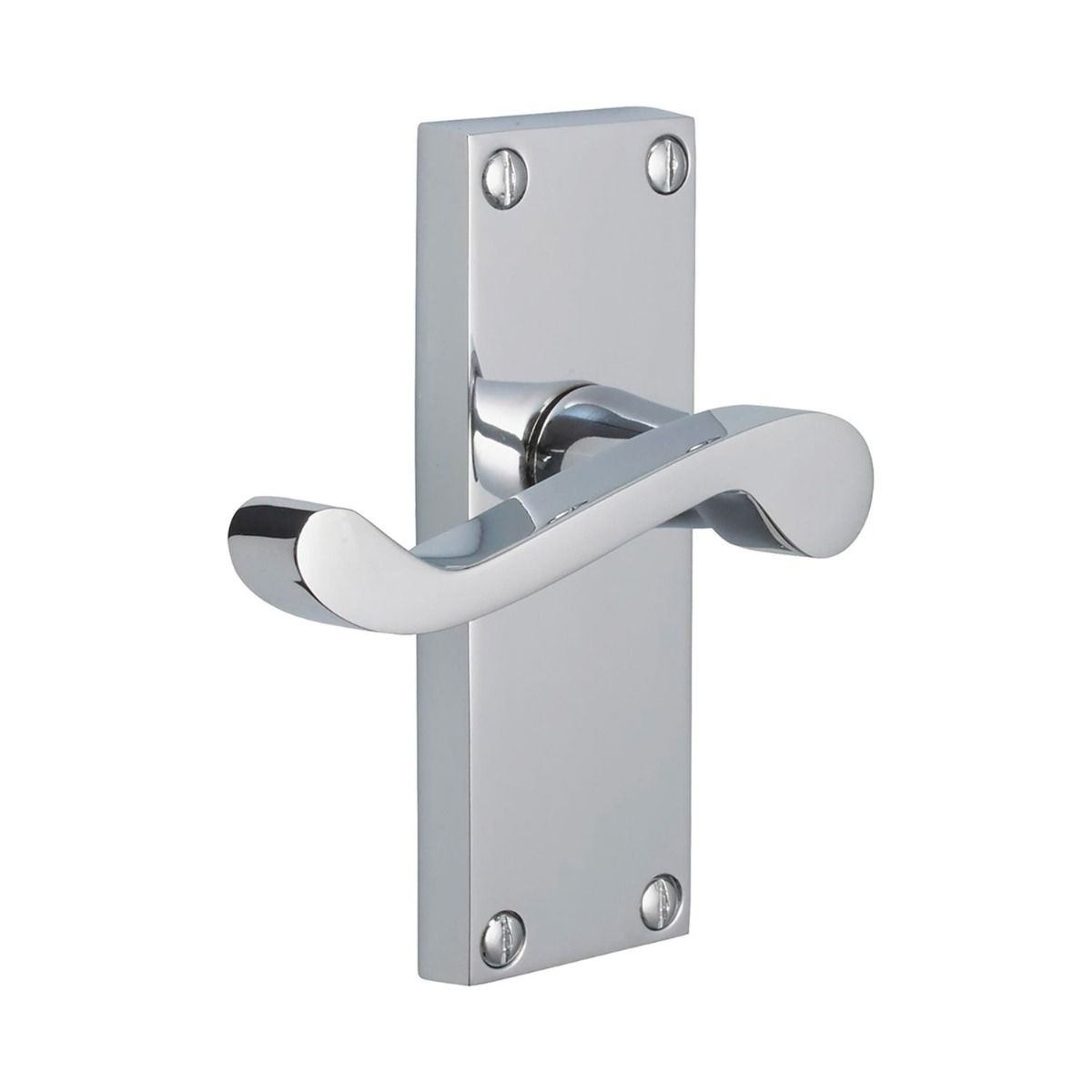 The Satin Chrome Victorian Scroll Door Handles - 115mm Lever Latch Pair on a White Background