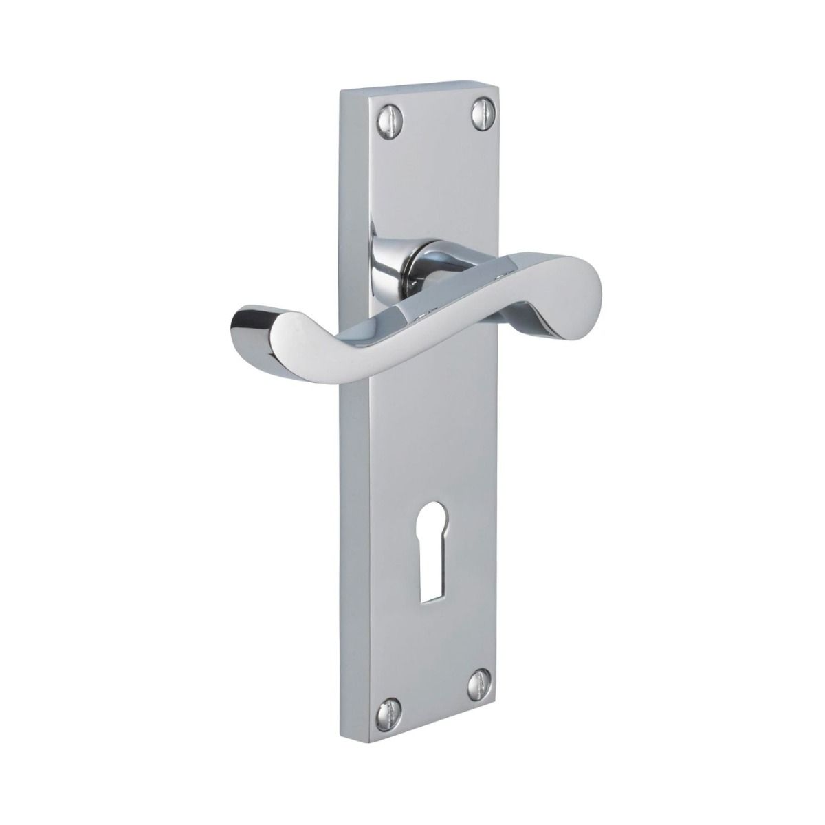 The Satin Chrome Victorian Scroll Lock Door Handles - 150mm Keyhole Lever Pair on a White Background