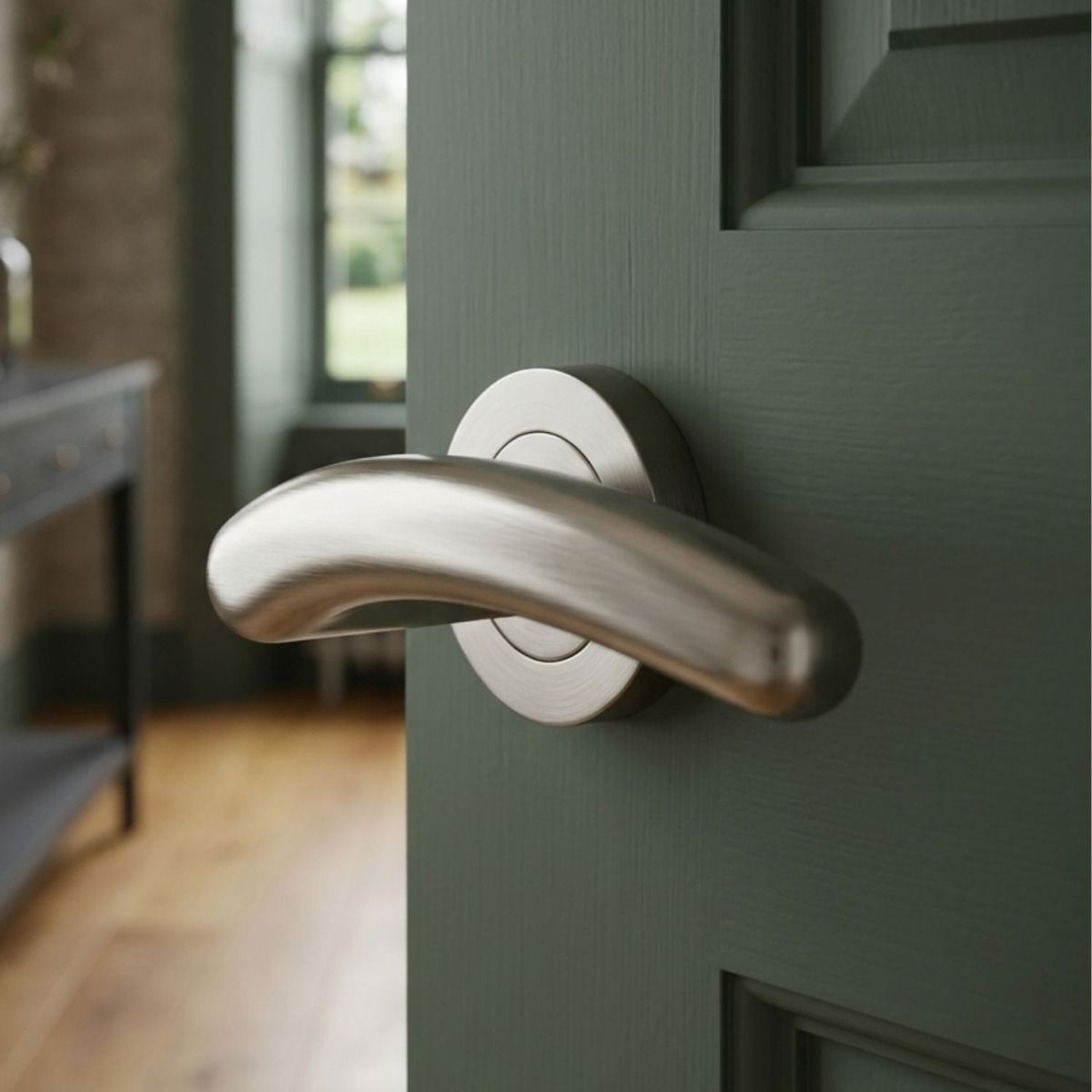 The Satin Nickel Modern Arched Lever Round Rose Door Handle Placed on a Sage Green Door in a Contemporary Home - Digital Illustration