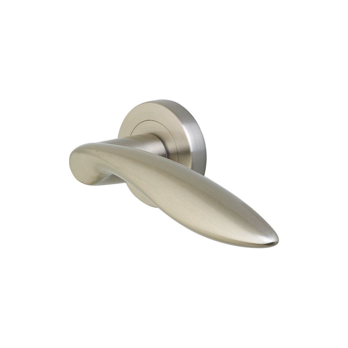 The Satin Nickel Round Rose Door Handles - Elegant Leaf Lever Pair on a White Background