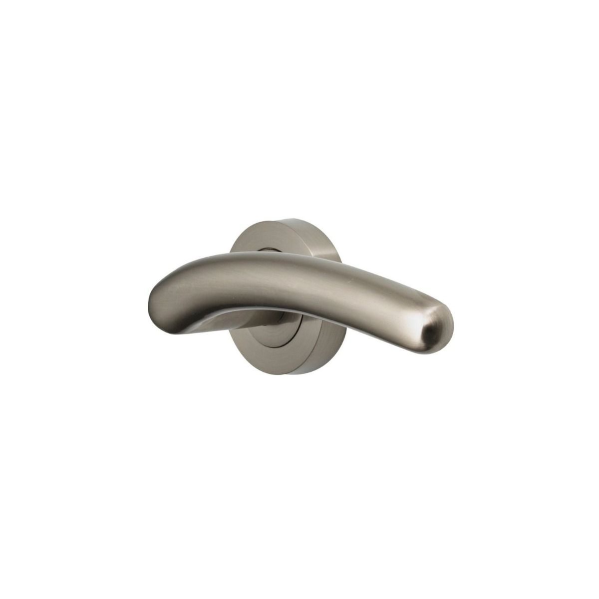 The Satin Nickel Round Rose Door Handles - Modern Arched Lever Pair on a White Background