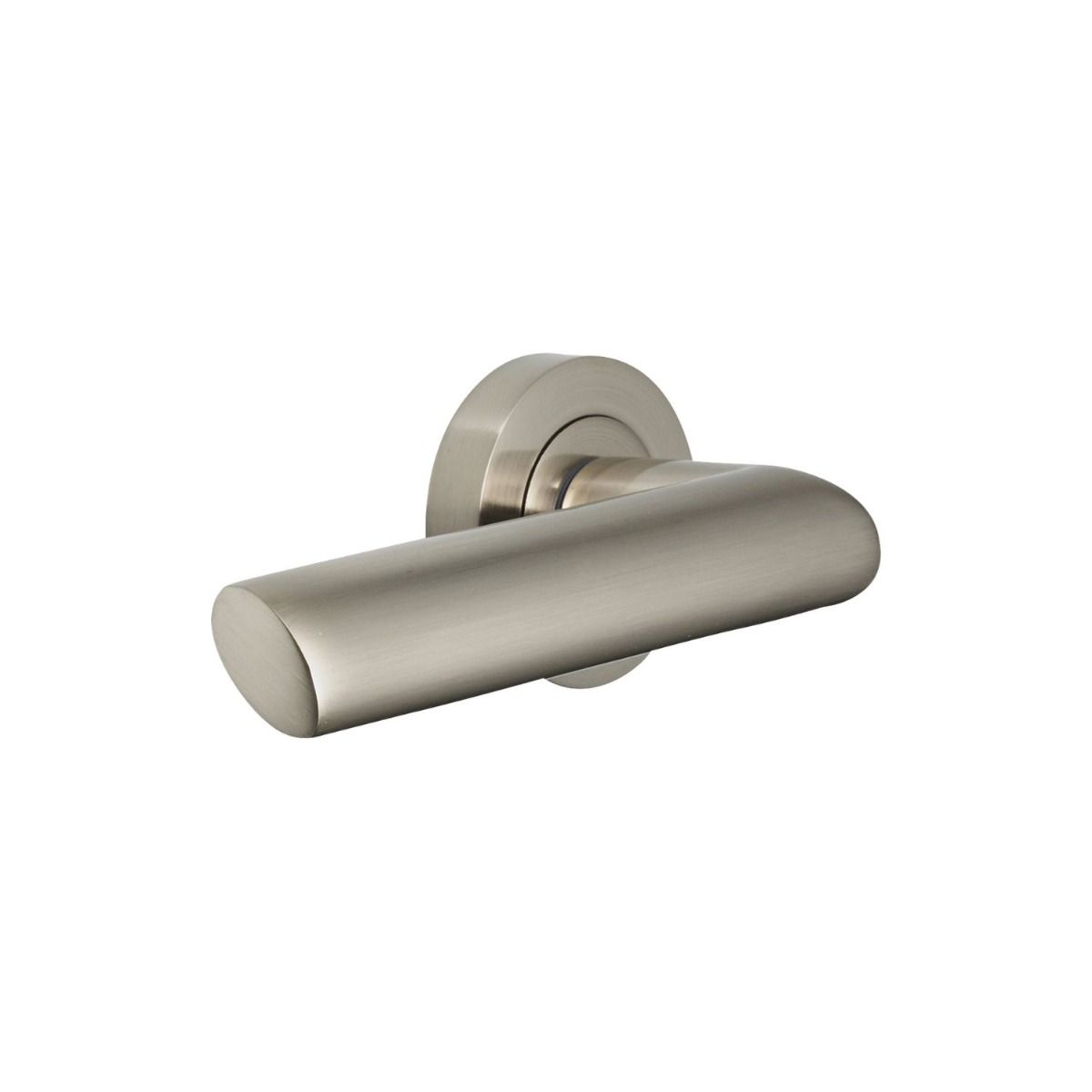 The Satin Nickel Round Rose Door Handles - Modern Curved Lever Pair on a White Background