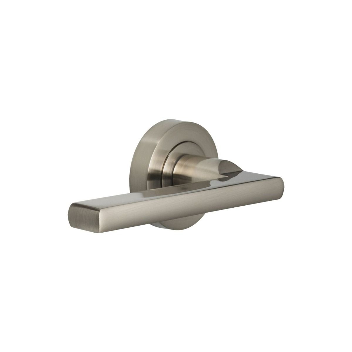 The Satin Nickel Round Rose Door Handles - Modern Lever Pair on a White Background