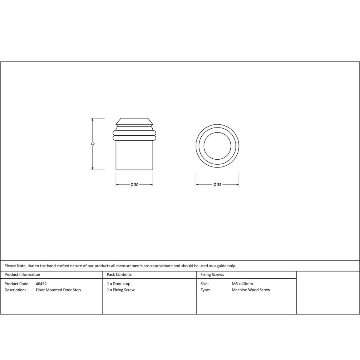 The Satin Stainless Steel Cylindrical Floor Mounted Door Stop Technical Drawings and Dimensions 