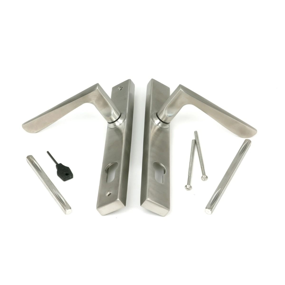 The Satin Stainless Steel Espag Lever Door Handle (92mm Centres) Showing All the Fittings