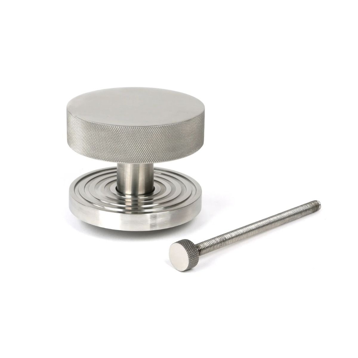 The Satin Stainless Steel Knurled Centre Door Knob on a Beehive Rose with Bolt Fitting on a White Background 