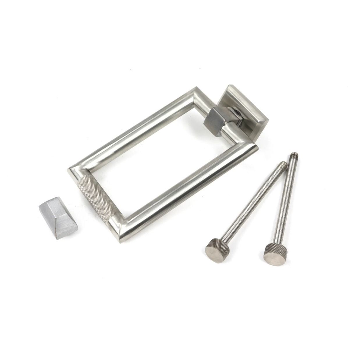 The Satin Stainless Steel Modern Knurled Rectangular Door Knocker with all Components 