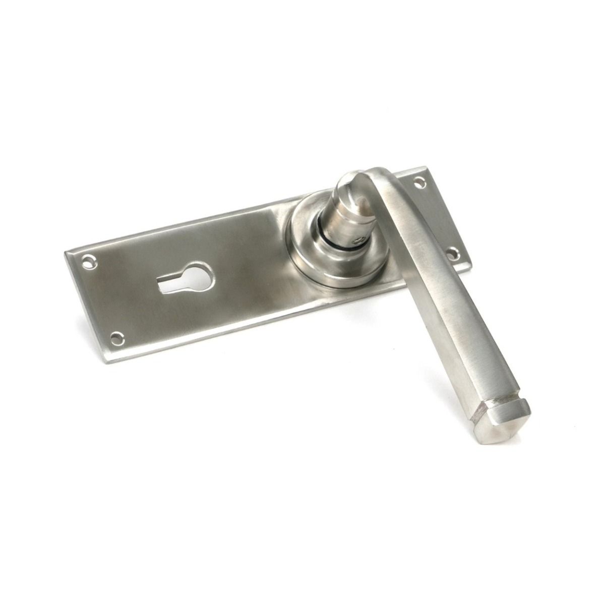 The Satin Stainless Steel Sleek Architectural Lever Lock Door Handle Set on Plain Backplate Shown on its Side