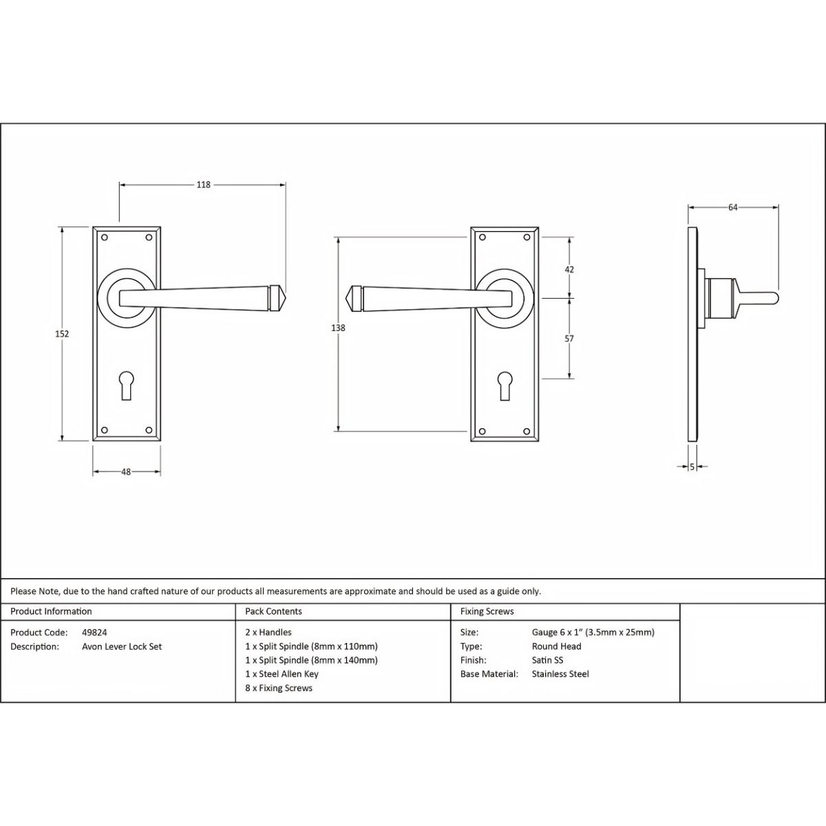 The Satin Stainless Steel Sleek Architectural Lever Lock Door Handle Set on Plain Backplate Technical Drawings and Dimensions 