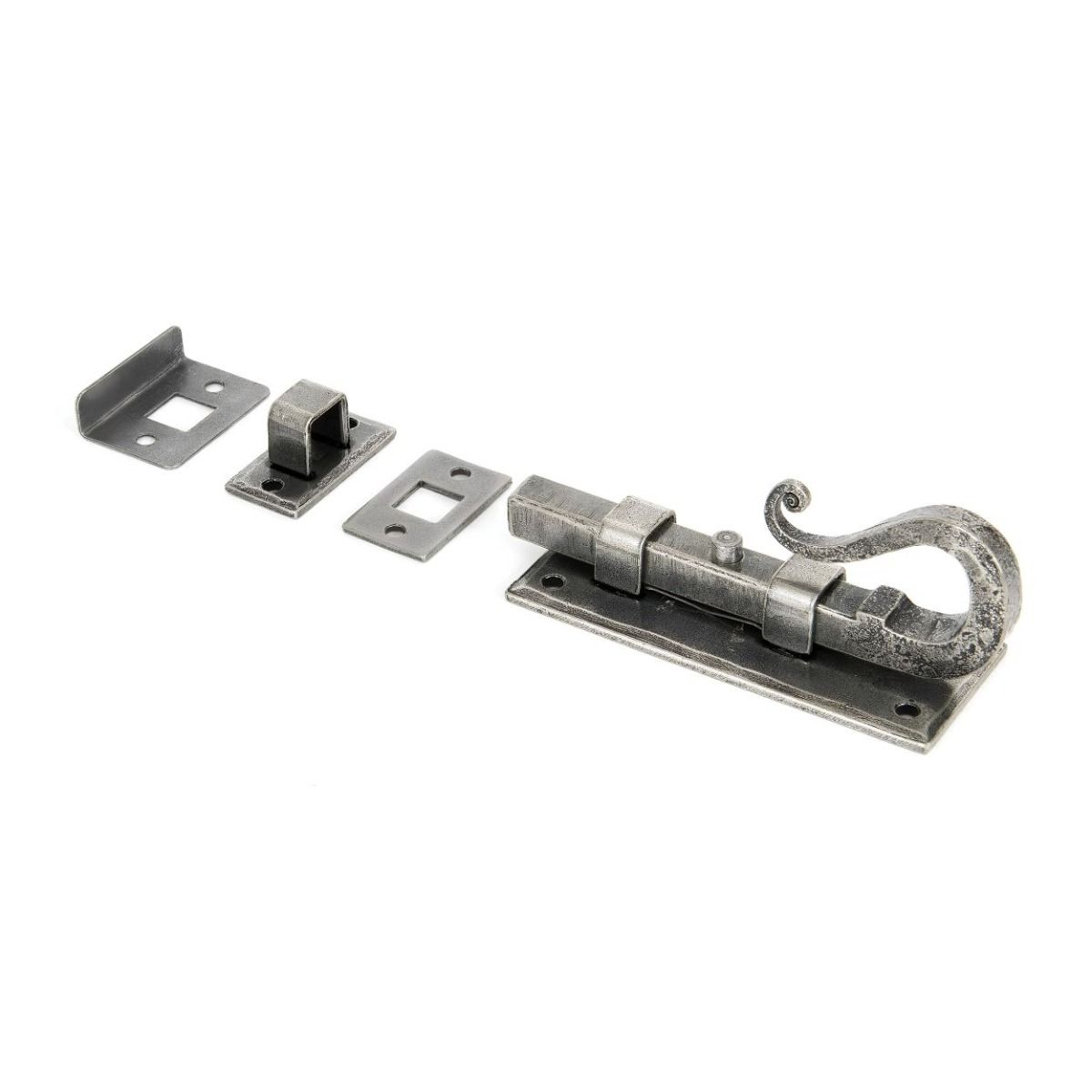 The Shepherds Crook Security Bolt for Windows & Doors 4" in a Pewter Finish on a White Background