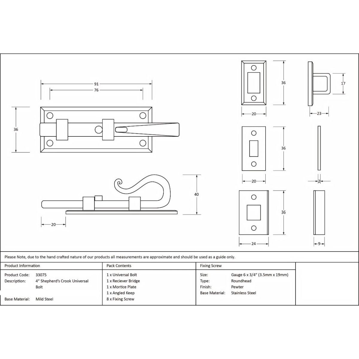 The Shepherds Crook Security Bolt for Windows & Doors 4" Technical Drawing and Dimensions