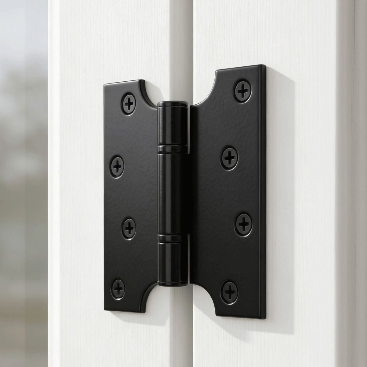 The Short Midnight Black Parliament Hinge Pair Mounted on the Inside of a White Window Frame - Digital Illustration 