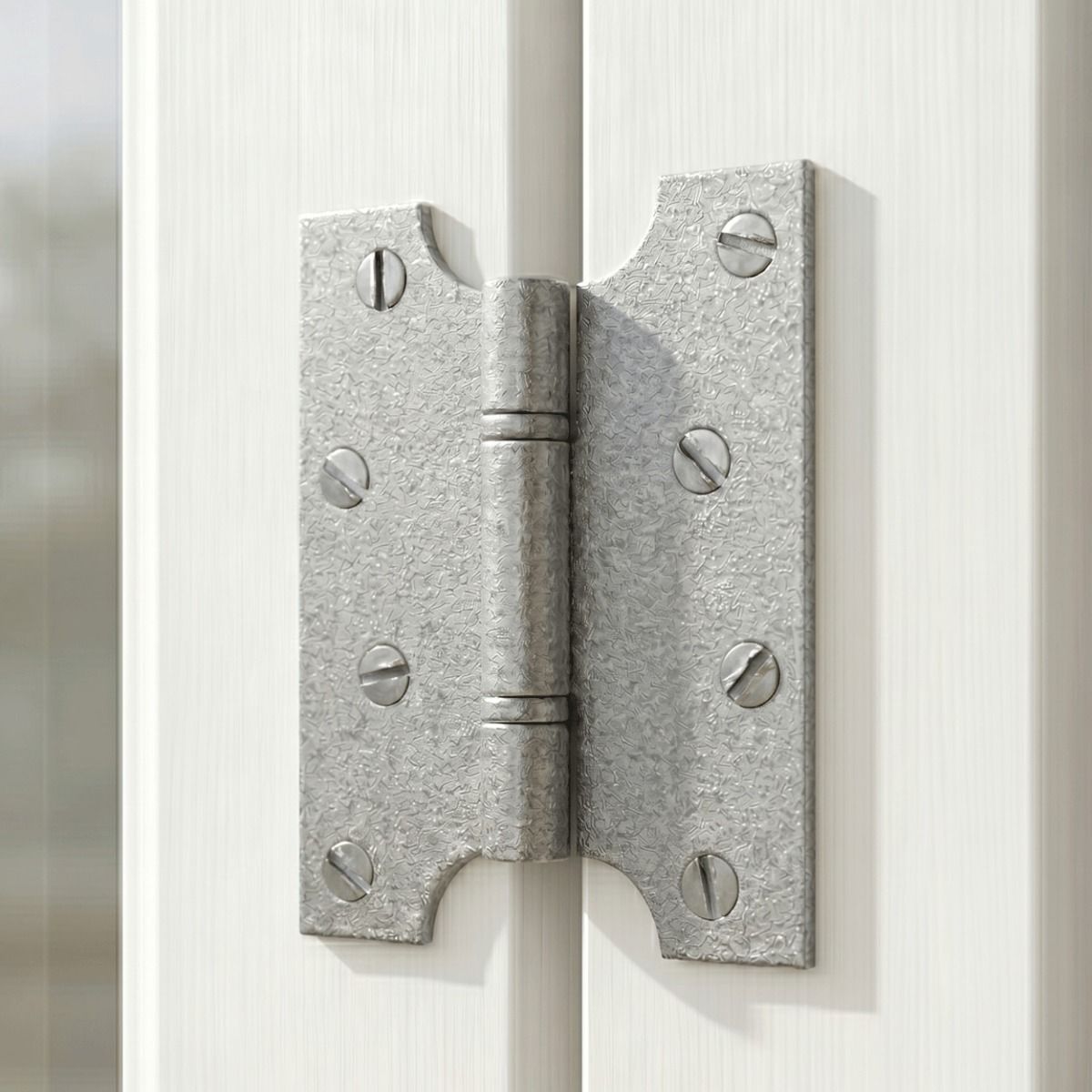 The Short Pewter Parliament Hinge Pair Mounted on a White Painted Wooden Window Frame - Digital Illustration 
