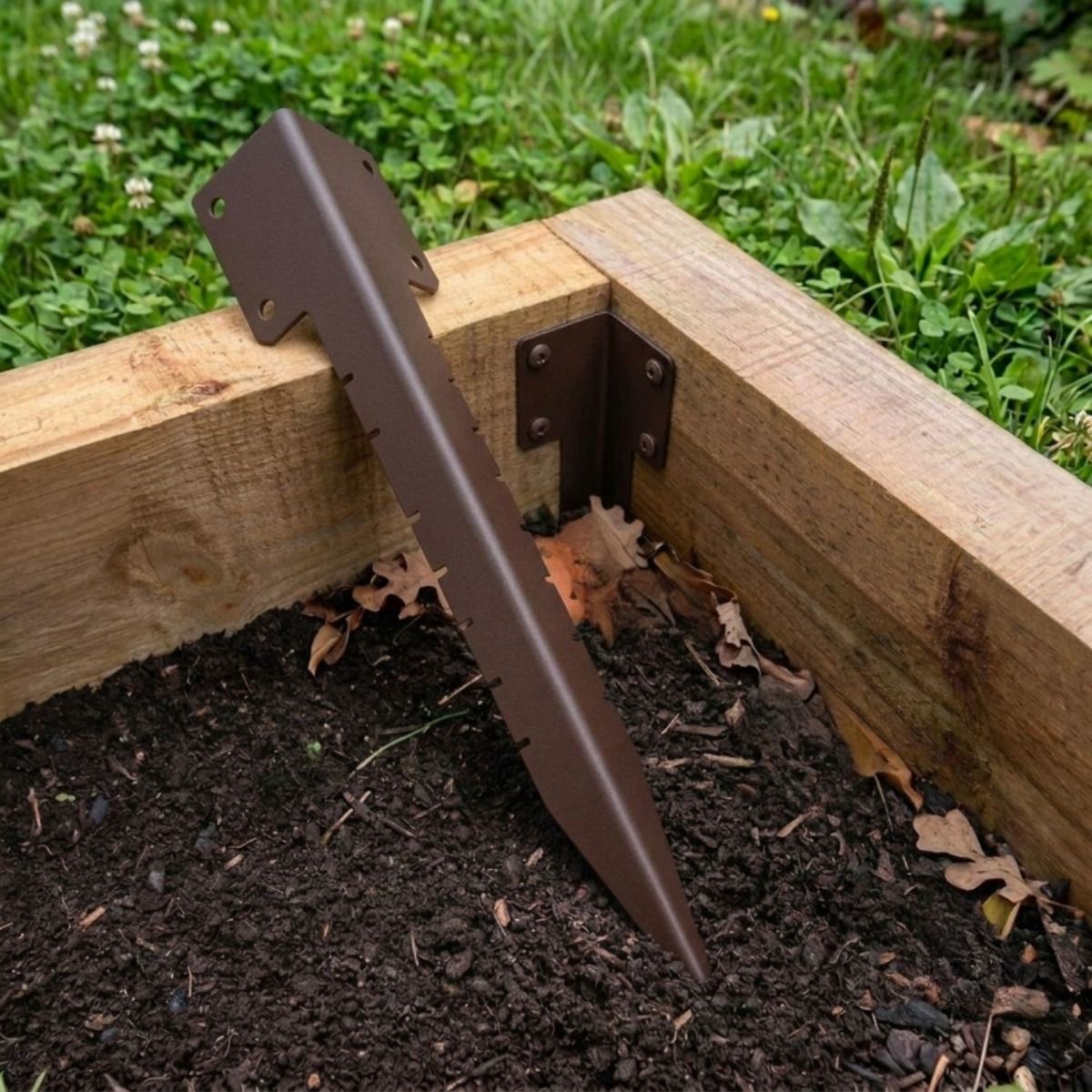 The Single Brown Railway Sleeper Corner Spike Laying on a Raised Flower Bed - Digital Illustration