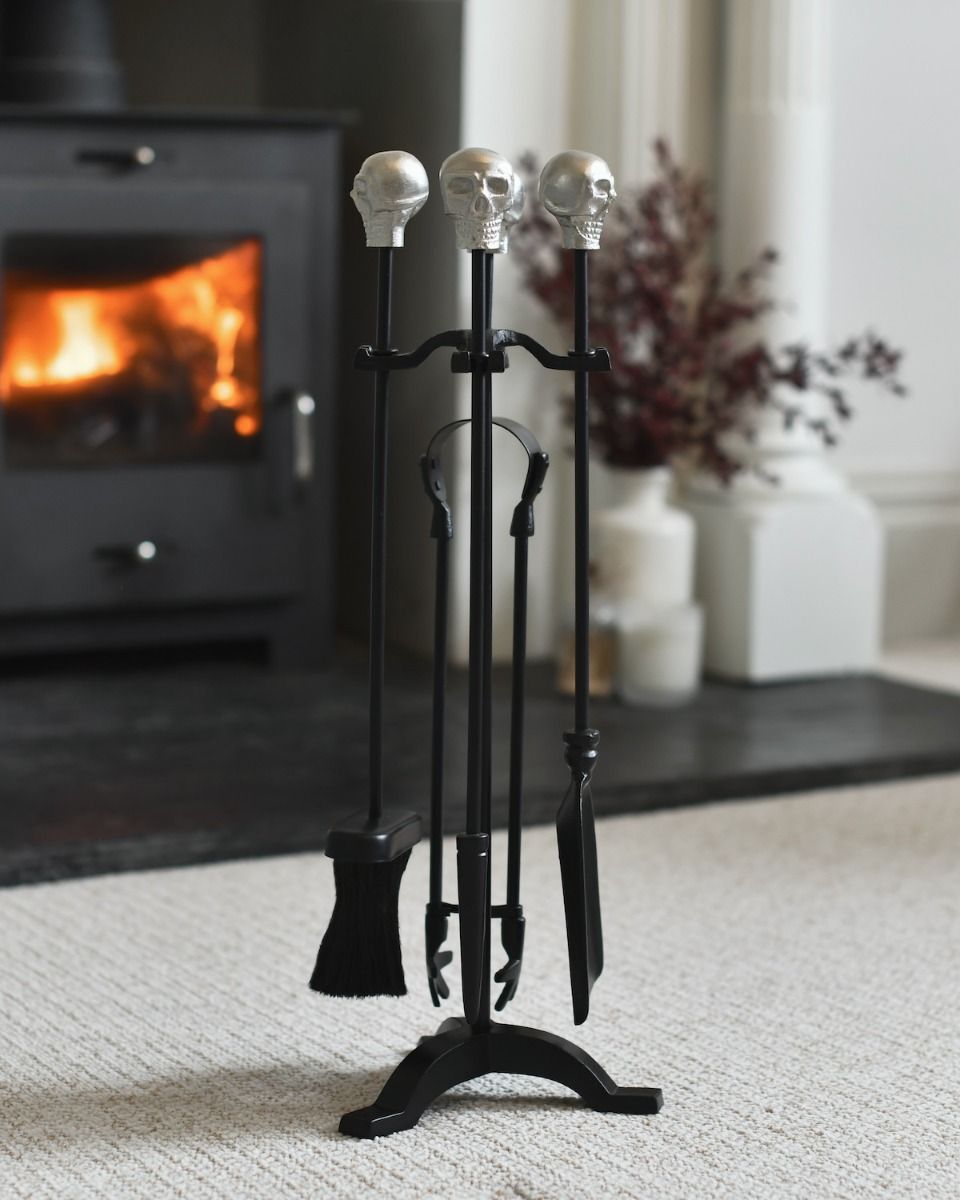 The "Skull Manor" Fireside Companion Set in Front of a Modern Fireplace  - Digital Illustration